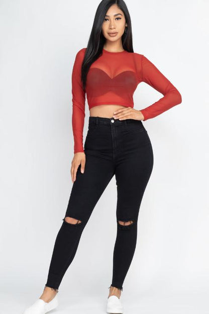 Sexy Sheer Mesh Long Sleeve Crop Top - Wholesale Capella Apparel