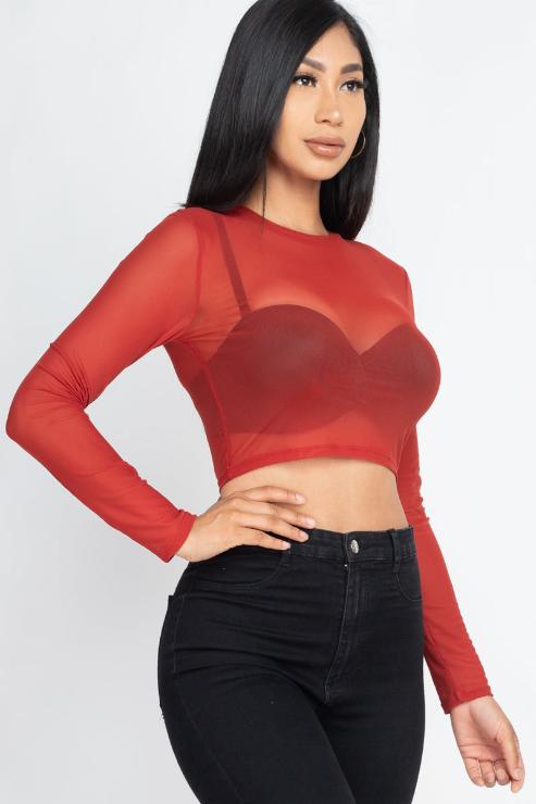 Sexy Sheer Mesh Long Sleeve Crop Top - Wholesale Capella Apparel