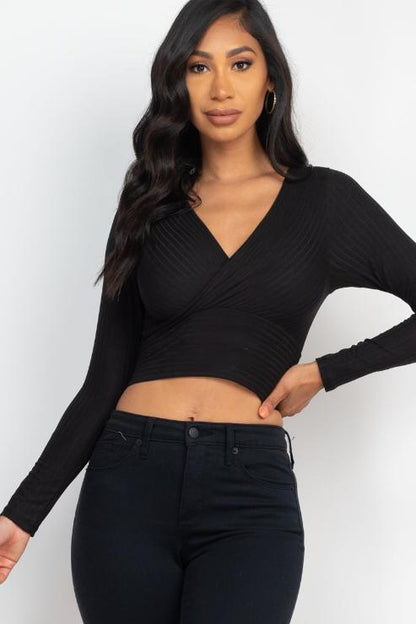 Ribbed Wrap Front Long Sleeve Top - Capella Apparel