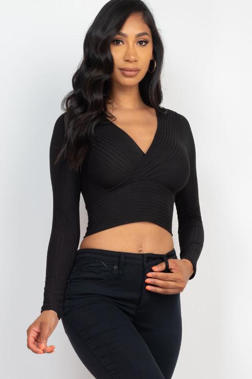 Ribbed Wrap Front Long Sleeve Top - Capella Apparel