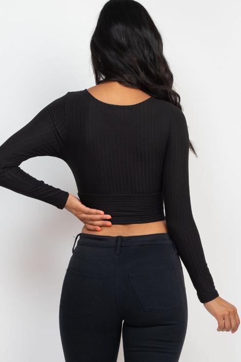 Ribbed Wrap Front Long Sleeve Top - Capella Apparel