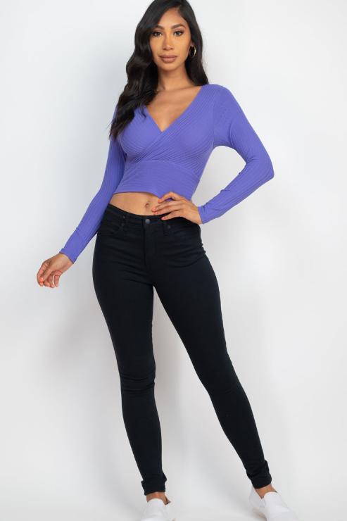 Ribbed Wrap Front Long Sleeve Top - Capella Apparel