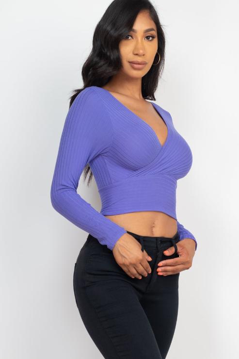 Ribbed Wrap Front Long Sleeve Top - Capella Apparel