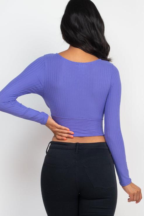 Ribbed Wrap Front Long Sleeve Top - Capella Apparel