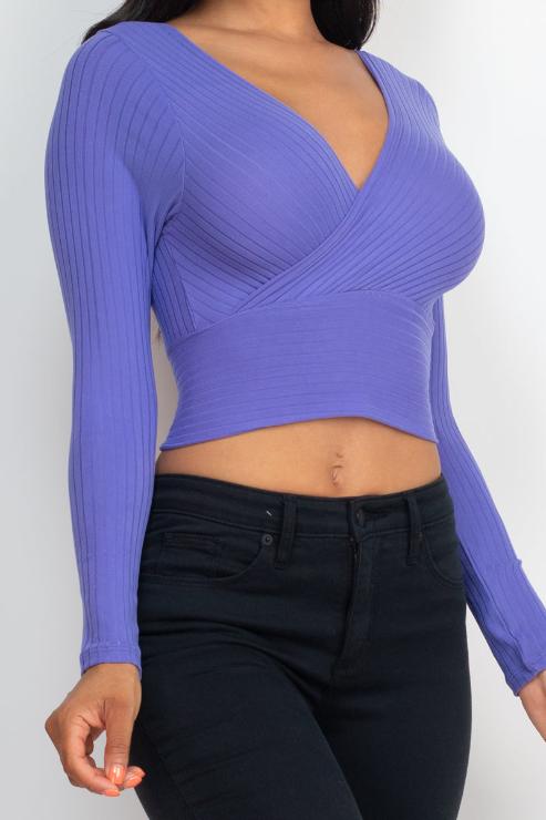 Ribbed Wrap Front Long Sleeve Top - Capella Apparel