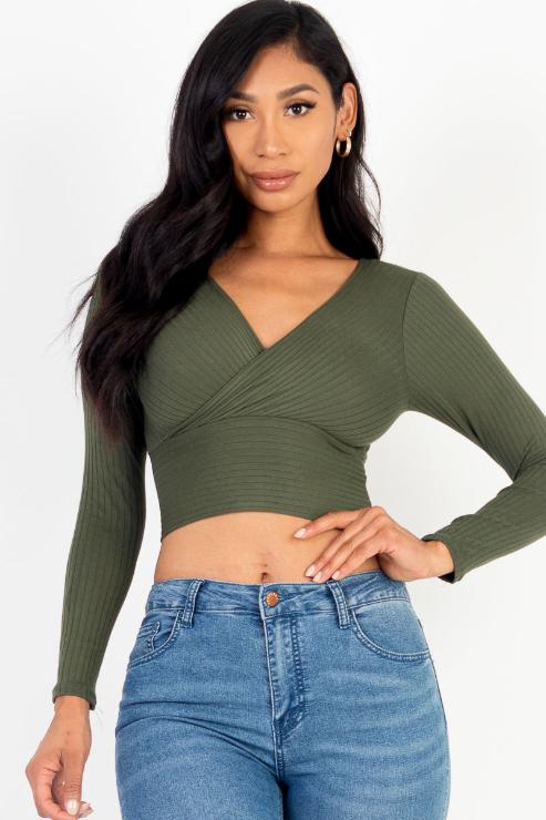 Ribbed Wrap Front Long Sleeve Top - Capella Apparel