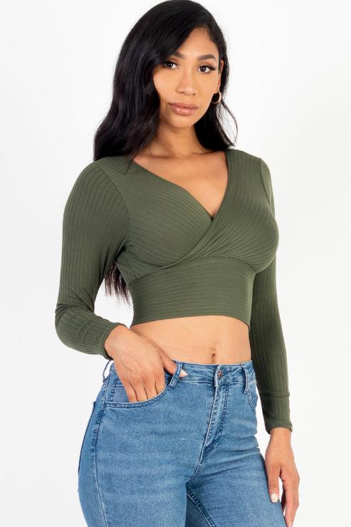 Ribbed Wrap Front Long Sleeve Top - Capella Apparel