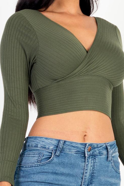 Ribbed Wrap Front Long Sleeve Top - Capella Apparel