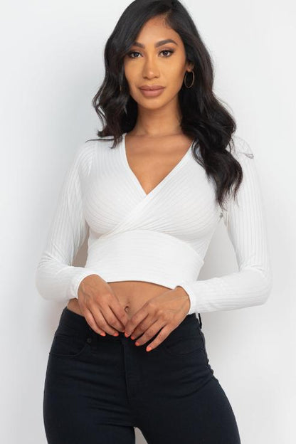 Ribbed Wrap Front Long Sleeve Top - Capella Apparel