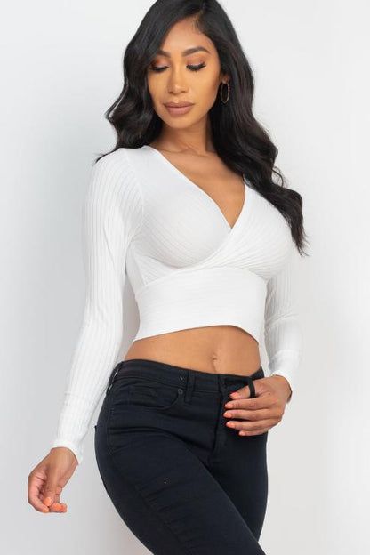 Ribbed Wrap Front Long Sleeve Top - Capella Apparel