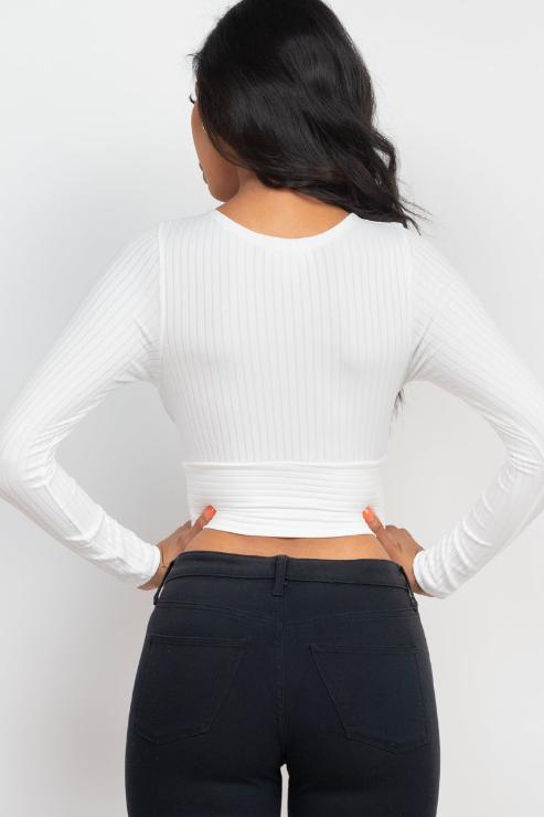 Ribbed Wrap Front Long Sleeve Top - Capella Apparel