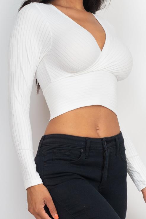 Ribbed Wrap Front Long Sleeve Top - Capella Apparel