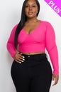 Plus Size Ribbed Wrap Front Long Sleeve Top - Capella Apparel