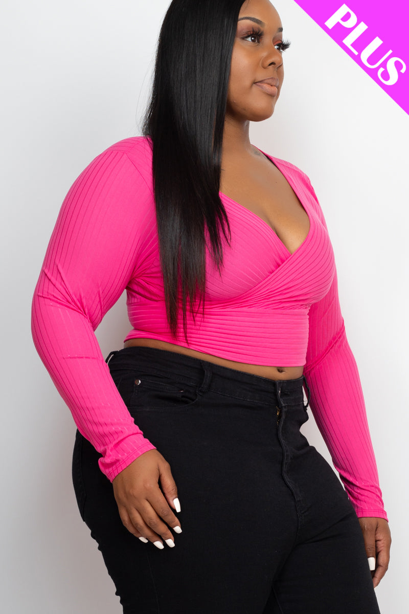 Plus Size Ribbed Wrap Front Long Sleeve Top - Capella Apparel