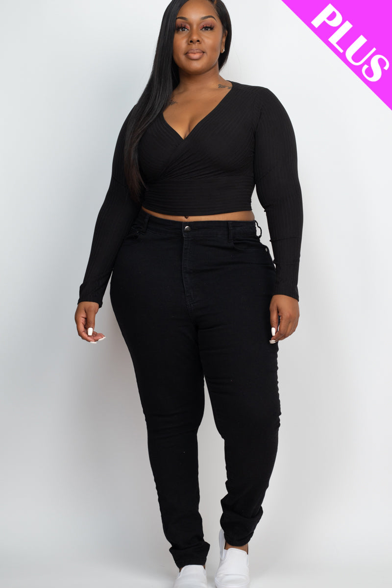 Plus Size Ribbed Wrap Front Long Sleeve Top - Capella Apparel