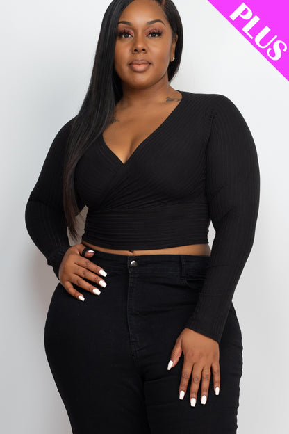 Plus Size Ribbed Wrap Front Long Sleeve Top - Capella Apparel