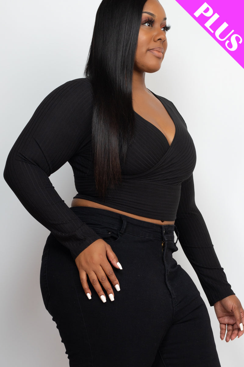 Plus Size Ribbed Wrap Front Long Sleeve Top - Capella Apparel