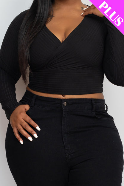 Plus Size Ribbed Wrap Front Long Sleeve Top - Capella Apparel