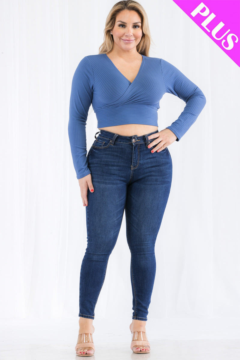 Plus Size Ribbed Wrap Front Long Sleeve Top - Capella Apparel