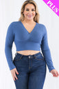 Plus Size Ribbed Wrap Front Long Sleeve Top - Capella Apparel