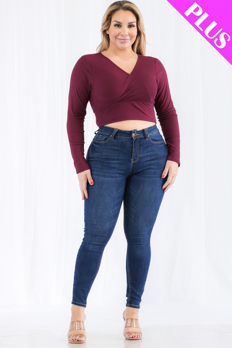 Plus Size Ribbed Wrap Front Long Sleeve Top - Capella Apparel