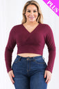 Plus Size Ribbed Wrap Front Long Sleeve Top - Capella Apparel