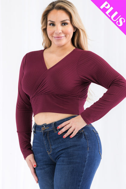 Plus Size Ribbed Wrap Front Long Sleeve Top - Capella Apparel