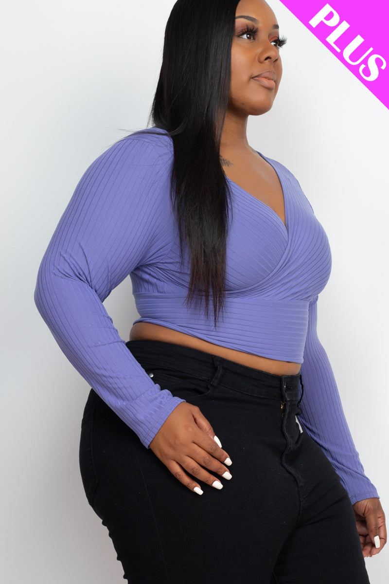 Plus Size Ribbed Wrap Front Long Sleeve Top - Capella Apparel