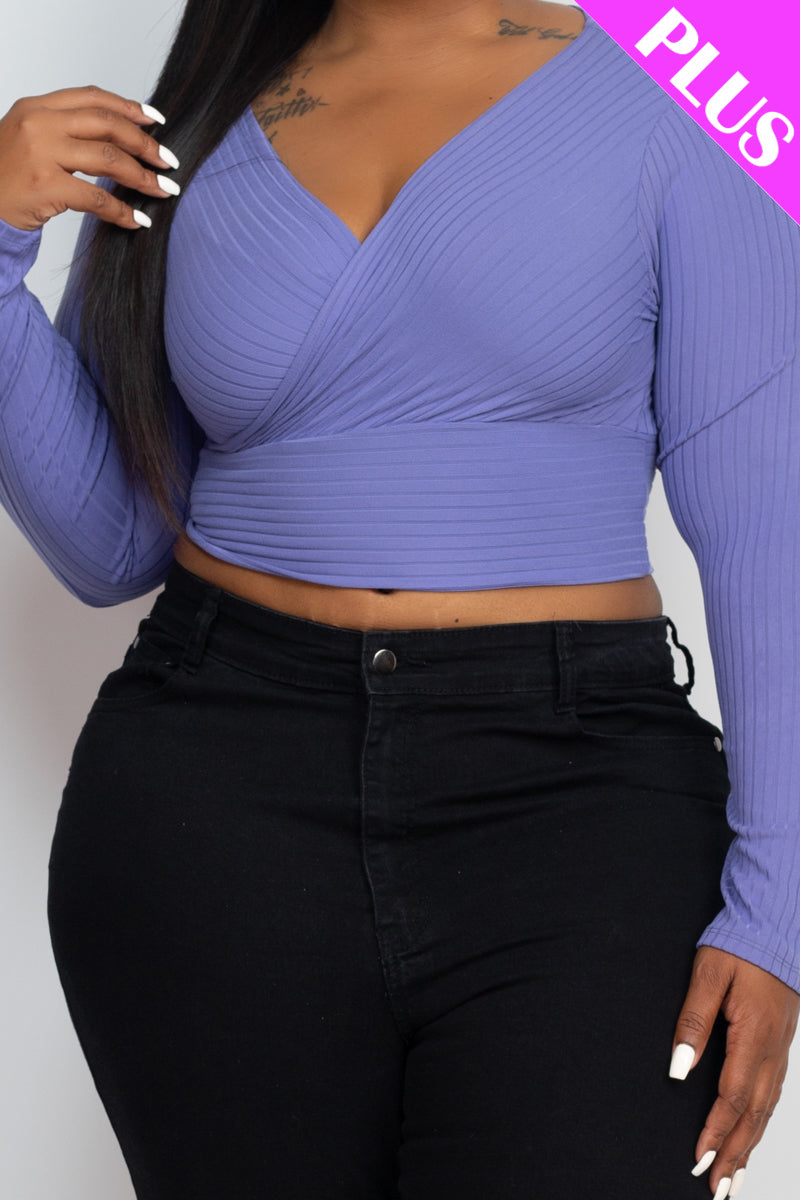 Plus Size Ribbed Wrap Front Long Sleeve Top - Capella Apparel