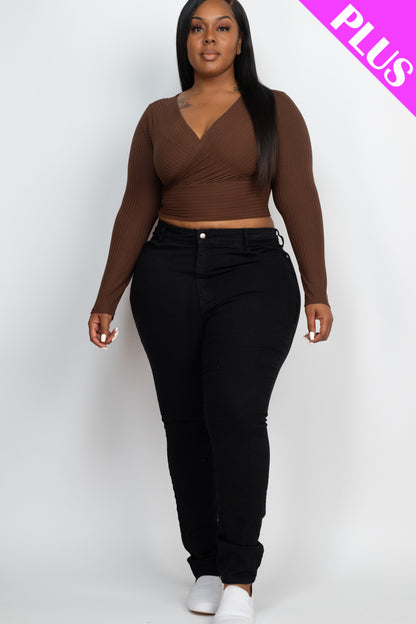 Plus Size Ribbed Wrap Front Long Sleeve Top - Capella Apparel