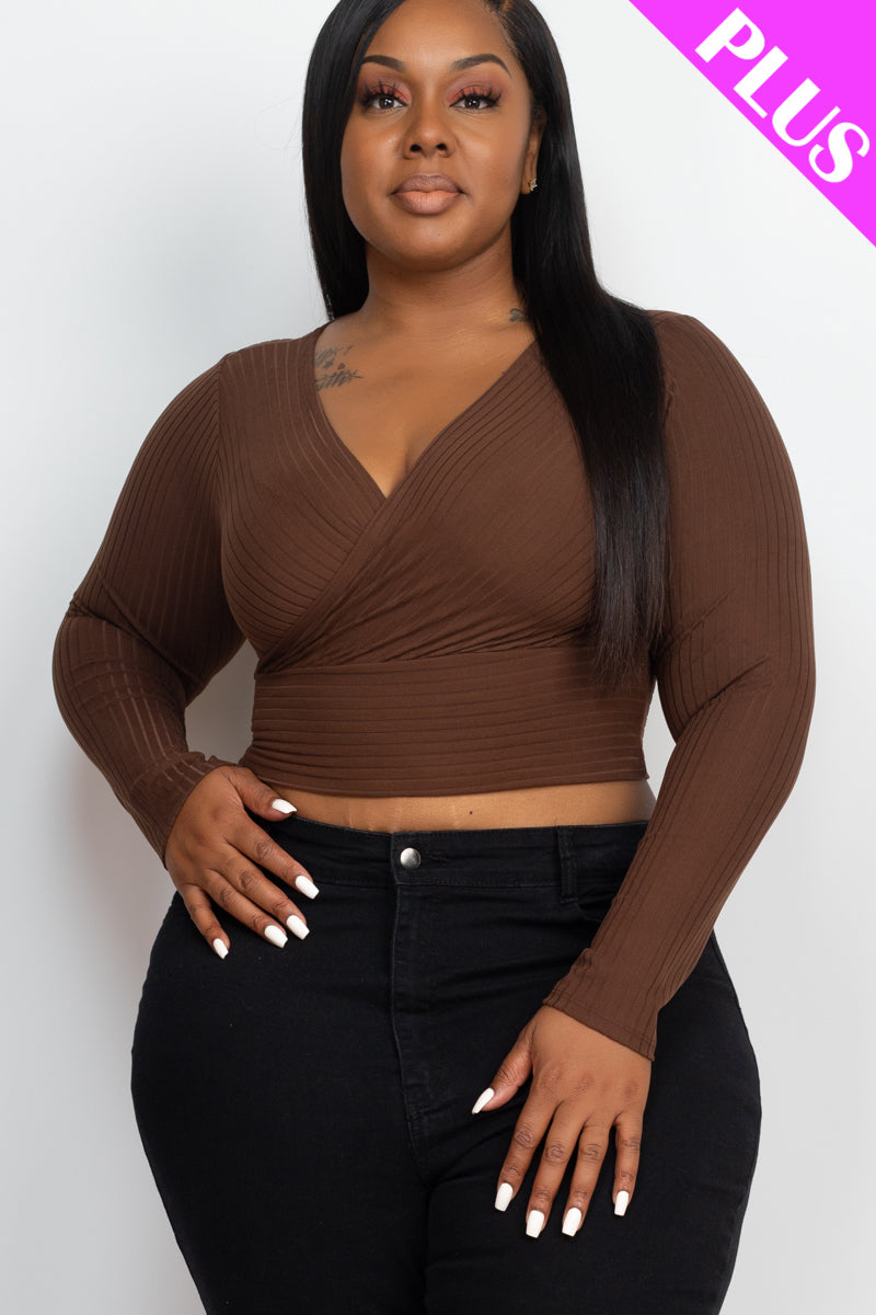 Plus Size Ribbed Wrap Front Long Sleeve Top - Capella Apparel