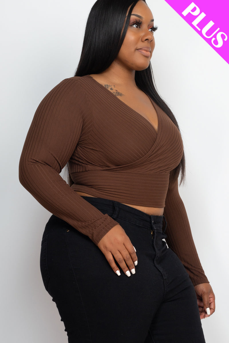 Plus Size Ribbed Wrap Front Long Sleeve Top - Capella Apparel