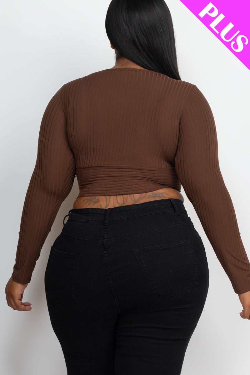 Plus Size Ribbed Wrap Front Long Sleeve Top - Capella Apparel