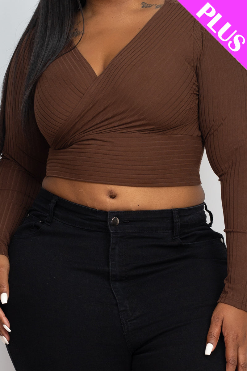 Plus Size Ribbed Wrap Front Long Sleeve Top - Capella Apparel