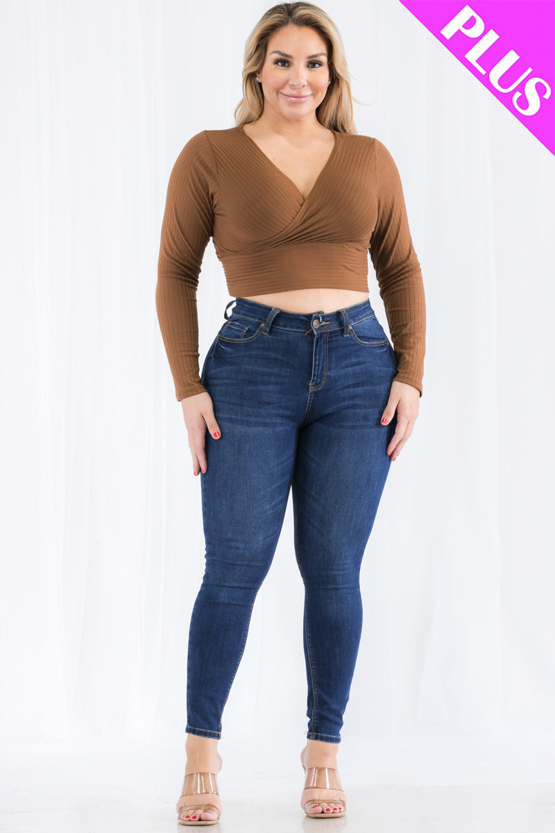 Plus Size Ribbed Wrap Front Long Sleeve Top - Capella Apparel