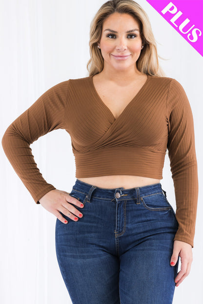 Plus Size Ribbed Wrap Front Long Sleeve Top - Capella Apparel