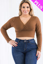 Plus Size Ribbed Wrap Front Long Sleeve Top - Capella Apparel