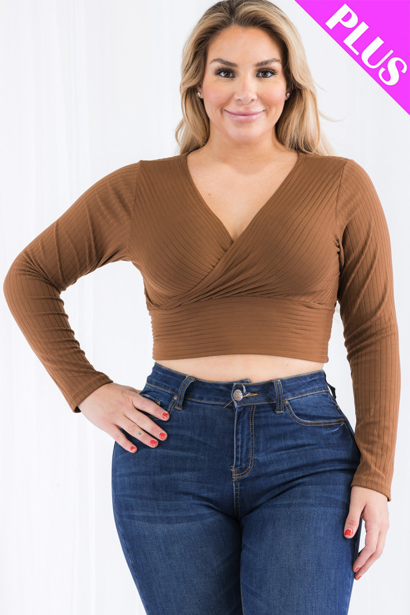 Plus Size Ribbed Wrap Front Long Sleeve Top (CAPELLA) - Capella Apparel