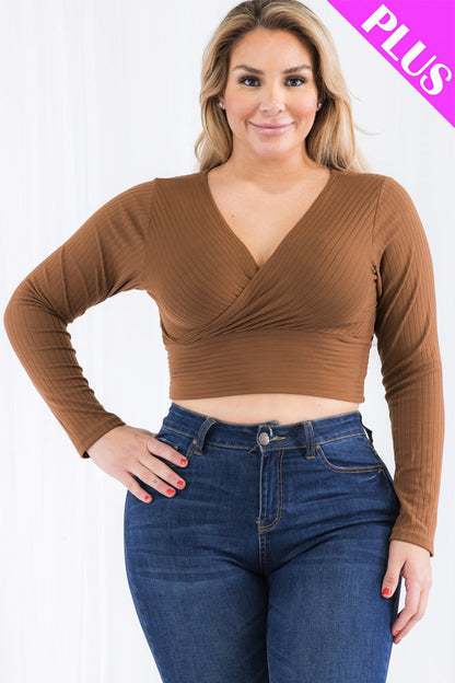 Plus Size Ribbed Wrap Front Long Sleeve Top (CAPELLA) - Capella Apparel