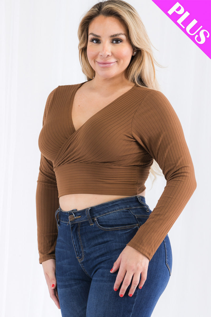 Plus Size Ribbed Wrap Front Long Sleeve Top (CAPELLA) - Capella Apparel