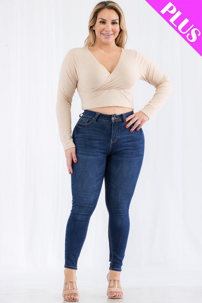 Plus Size Ribbed Wrap Front Long Sleeve Top - Capella Apparel