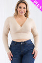 Plus Size Ribbed Wrap Front Long Sleeve Top (CAPELLA) - Capella Apparel