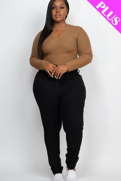 Plus Size Ribbed Wrap Front Long Sleeve Top - Capella Apparel