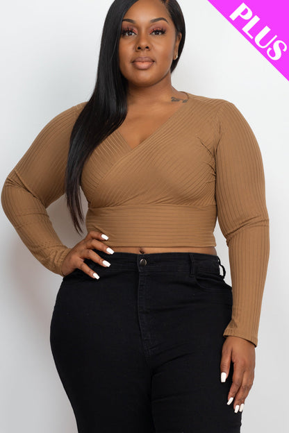 Plus Size Ribbed Wrap Front Long Sleeve Top (CAPELLA) - Capella Apparel