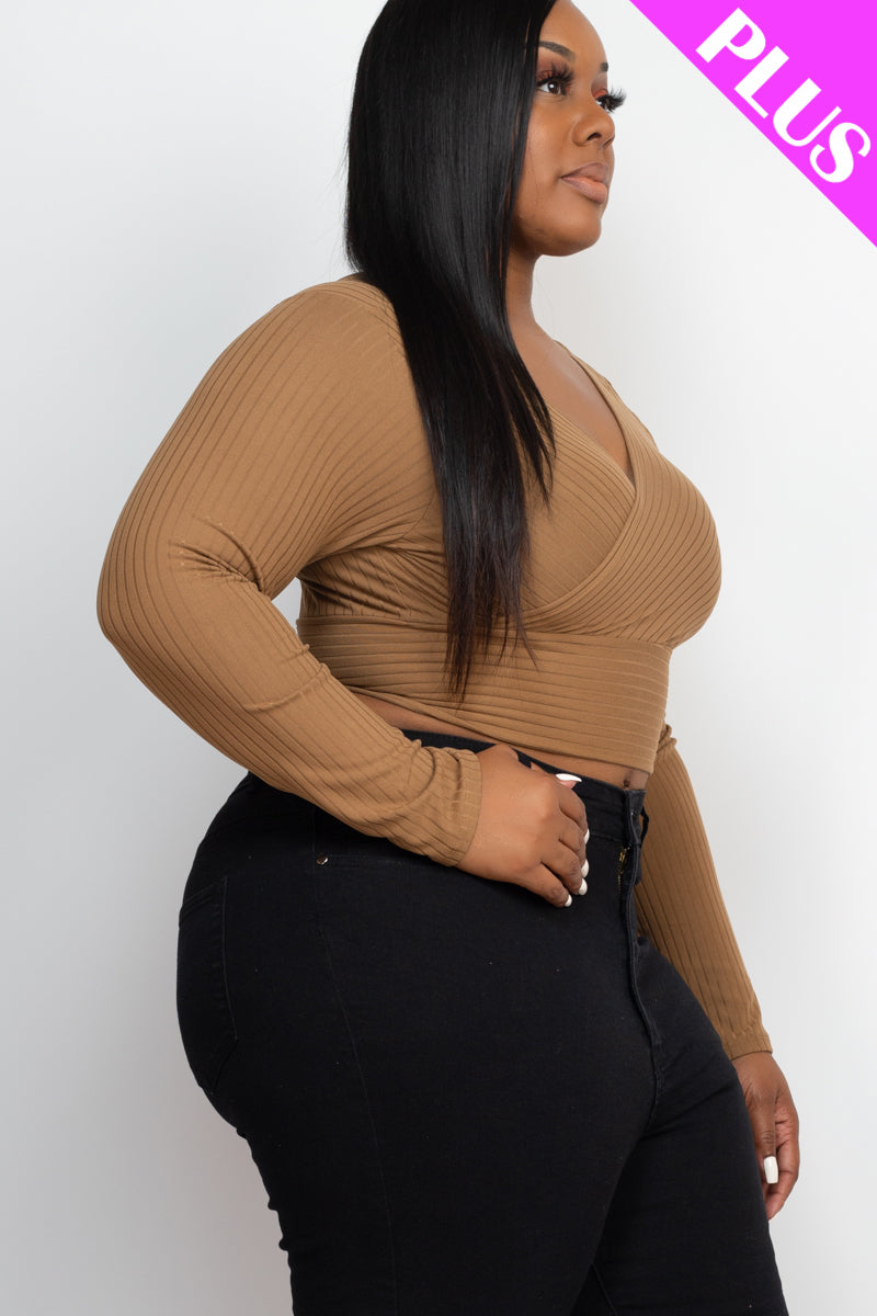 Plus Size Ribbed Wrap Front Long Sleeve Top - Capella Apparel