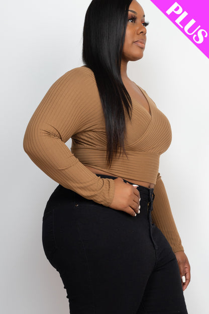 Plus Size Ribbed Wrap Front Long Sleeve Top - Capella Apparel