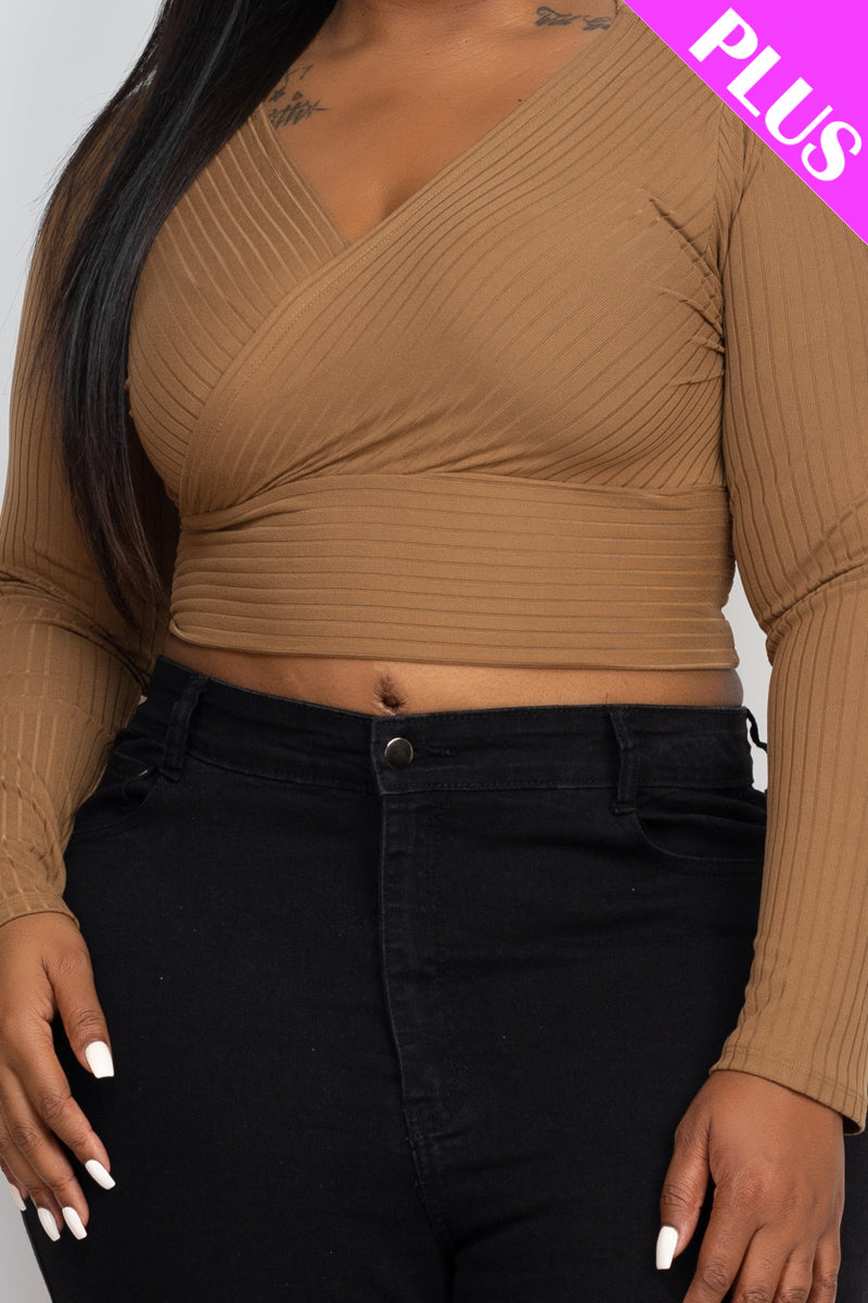 Plus Size Ribbed Wrap Front Long Sleeve Top - Capella Apparel