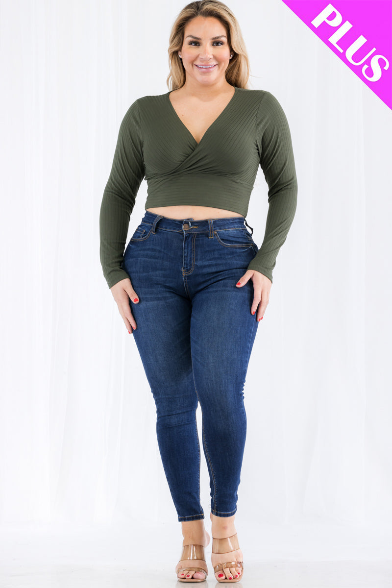 Plus Size Ribbed Wrap Front Long Sleeve Top - Capella Apparel