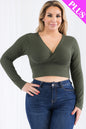 Plus Size Ribbed Wrap Front Long Sleeve Top - Capella Apparel