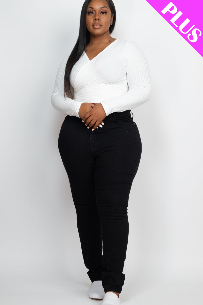 Plus Size Ribbed Wrap Front Long Sleeve Top - Capella Apparel